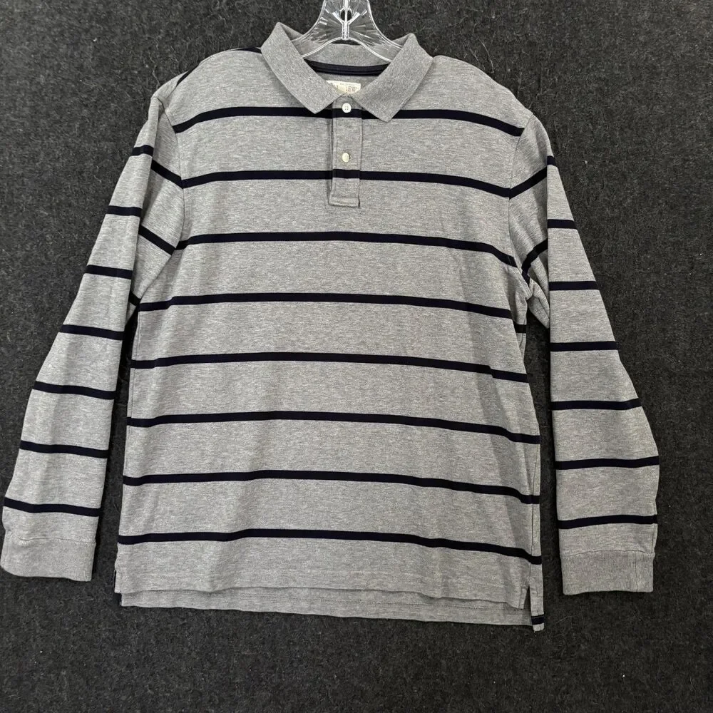 J.Crew Polo Shirt Men's Large Gray Striped 100% Cotton Long Sleeve Casual Preppy